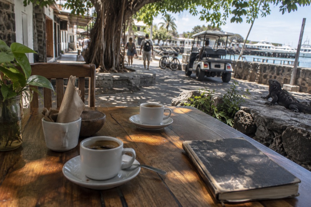 A cafe table on a Puerto Ayora side street in the Galapagos, Ecuador, two espresso cups and a scuffed notebook on worn cedar planking