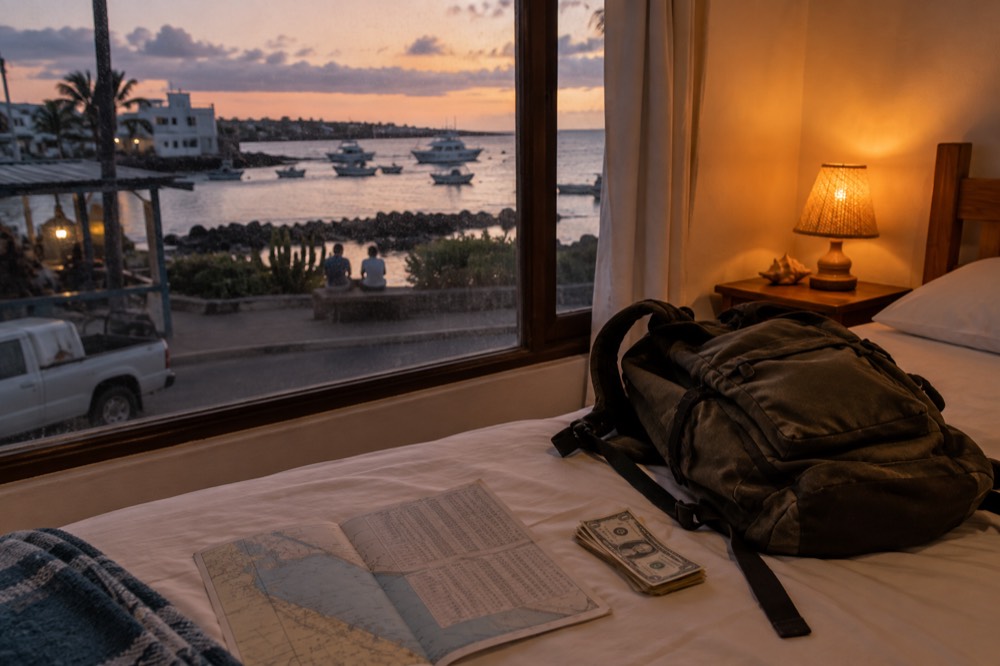 Dusk in Puerto Ayora, Galapagos Islands, Ecuador: a backpacker's worn daypack and a small stack of dollar bills on a guesthouse bed beside a tide chart
