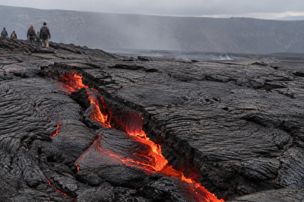 A glowing-red-edged fissure splitting fresh black pahoehoe lava inside Sierra Negra caldera, Galapagos Islands, Ecuador