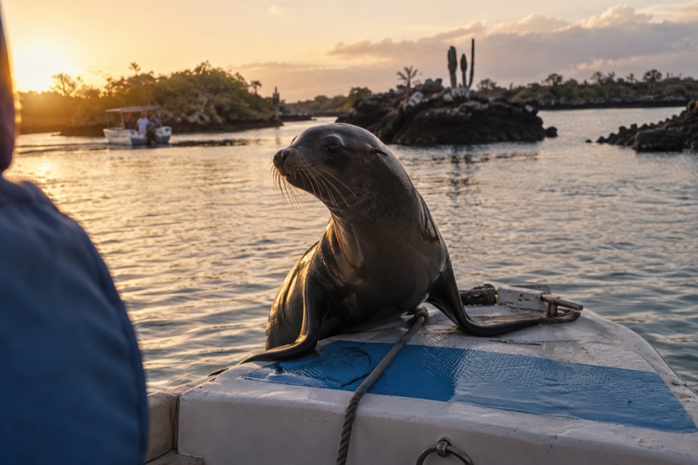 Late golden light at Las Tintoreras, Galapagos Islands, Ecuador: a wet sea lion hauls itself onto the bow of a small anchored tour panga