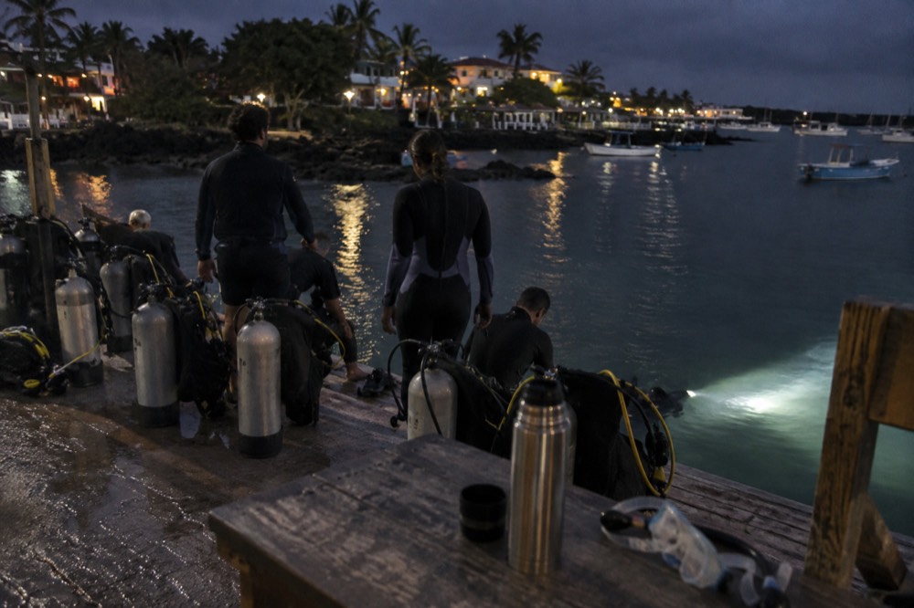 Night dive briefing on Academy Bay's waterfront in Ecuador's Galapagos, a flashlight beam cutting black calm water off Puerto Ayora