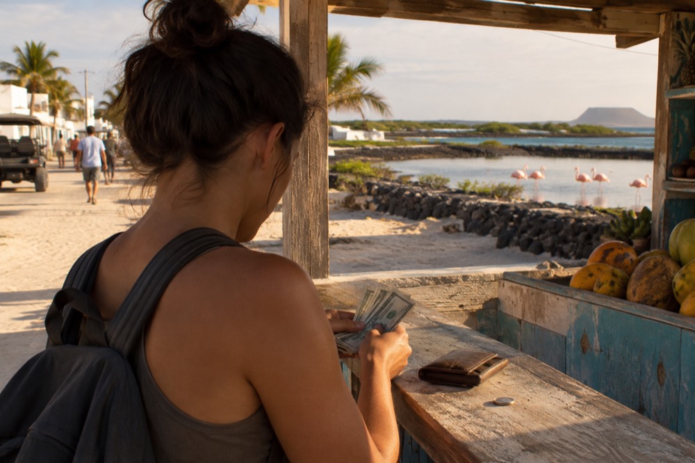 A traveller from behind counting cash notes at a sandy-street kiosk in Puerto Villamil, Ecuador's Galapagos