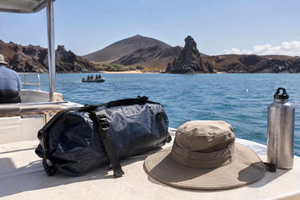 A rolled dry bag and wide-brim sun hat sit on the deck of an anchored tour boat off Bartolome Island, Ecuador, harsh equatorial noon glare off water