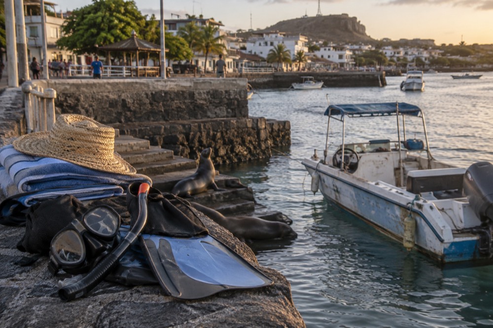 Snorkel gear and folded towels dry on the sea wall of Puerto Baquerizo Moreno, San Cristobal, Ecuador, late golden afternoon after a day tour