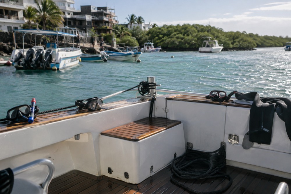 A small private charter boat's empty teak cockpit seats and coiled wet lines at its mooring in Puerto Ayora harbour, Galapagos Islands, Ecuador