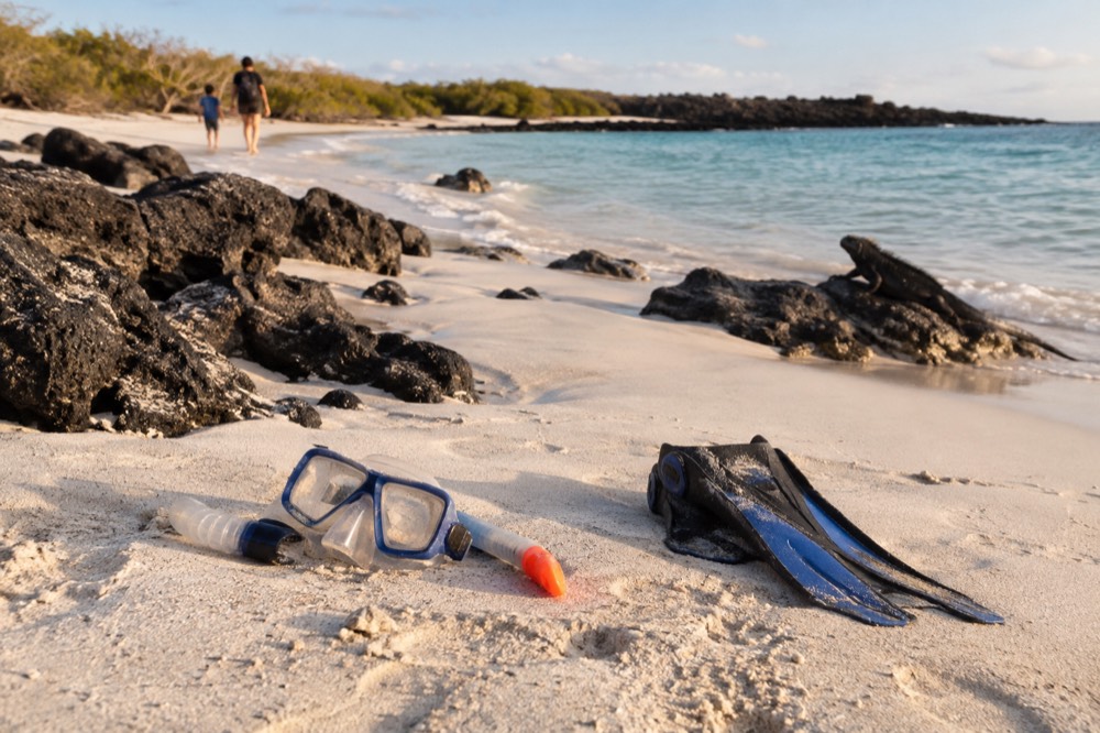 A child-sized mask and snorkel sit on pale white coral sand at Tortuga Bay, Galapagos Islands, Ecuador