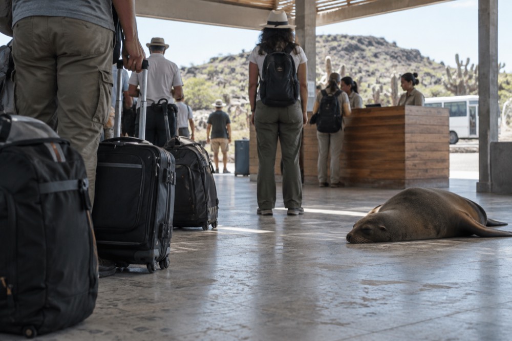 Arrival hall at Seymour Airport on Baltra Island, Galapagos, Ecuador