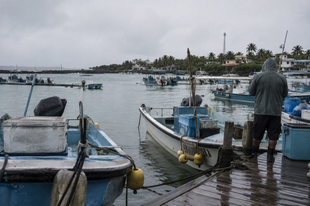 Grey garúa drizzle over moored small boats at Puerto Villamil, Galapagos Islands, Ecuador, ropes dark with rain, low cloud over the water