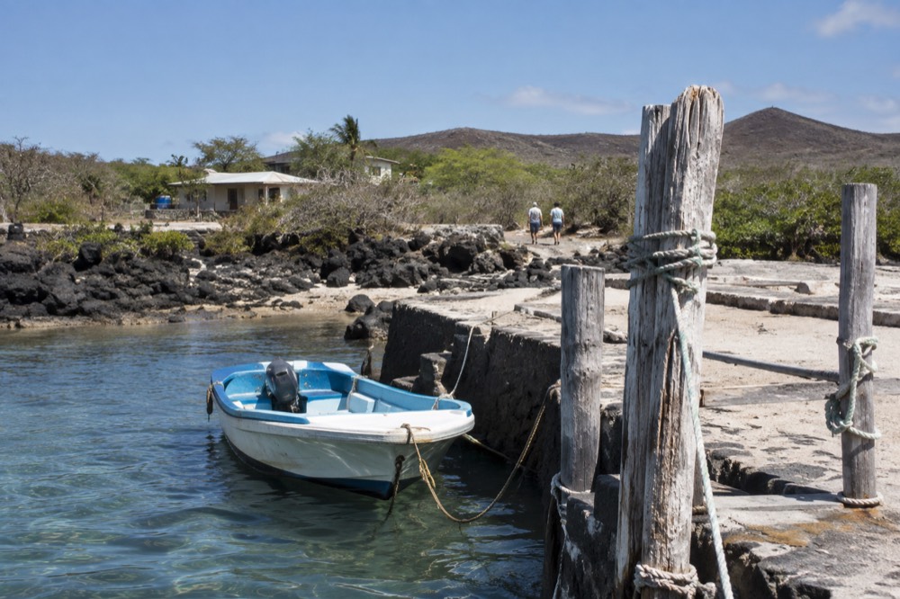 A tiny settlement jetty at Floreana Island, Galapagos Islands, Ecuador, close on weathered driftwood posts and a single moored launch