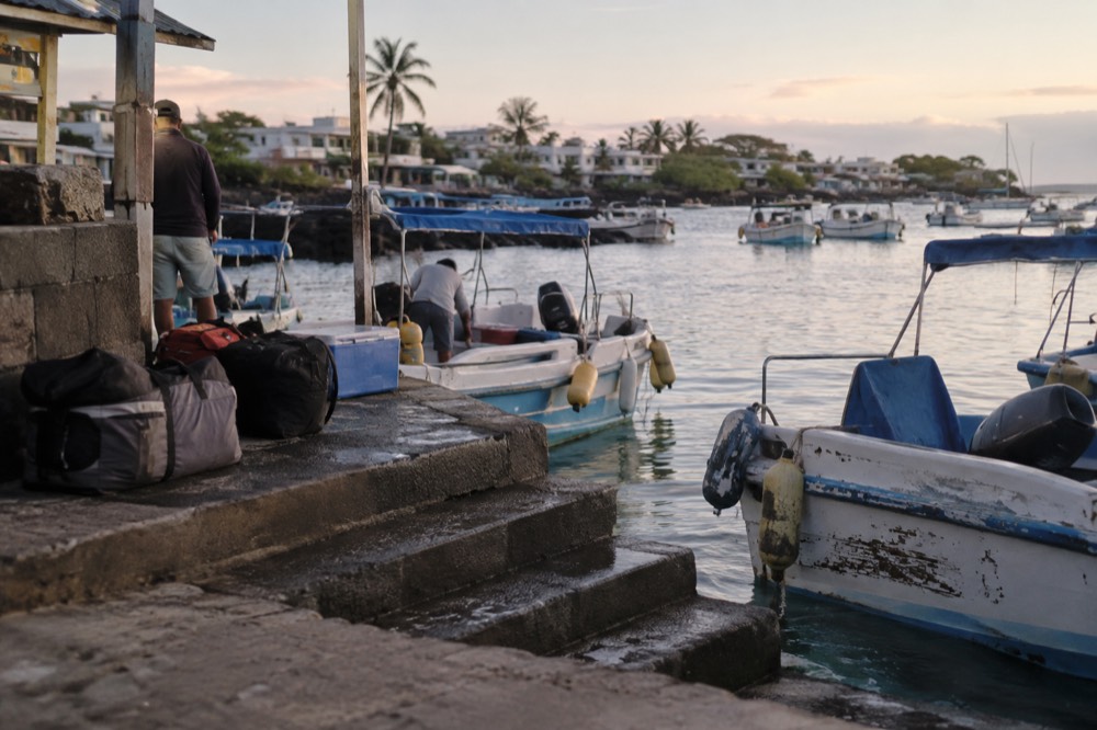 Early morning at the lancha dock in Puerto Ayora, Galapagos, Ecuador: fiberglass water taxis bumping worn fenders, gear bags stacked on wet concrete steps